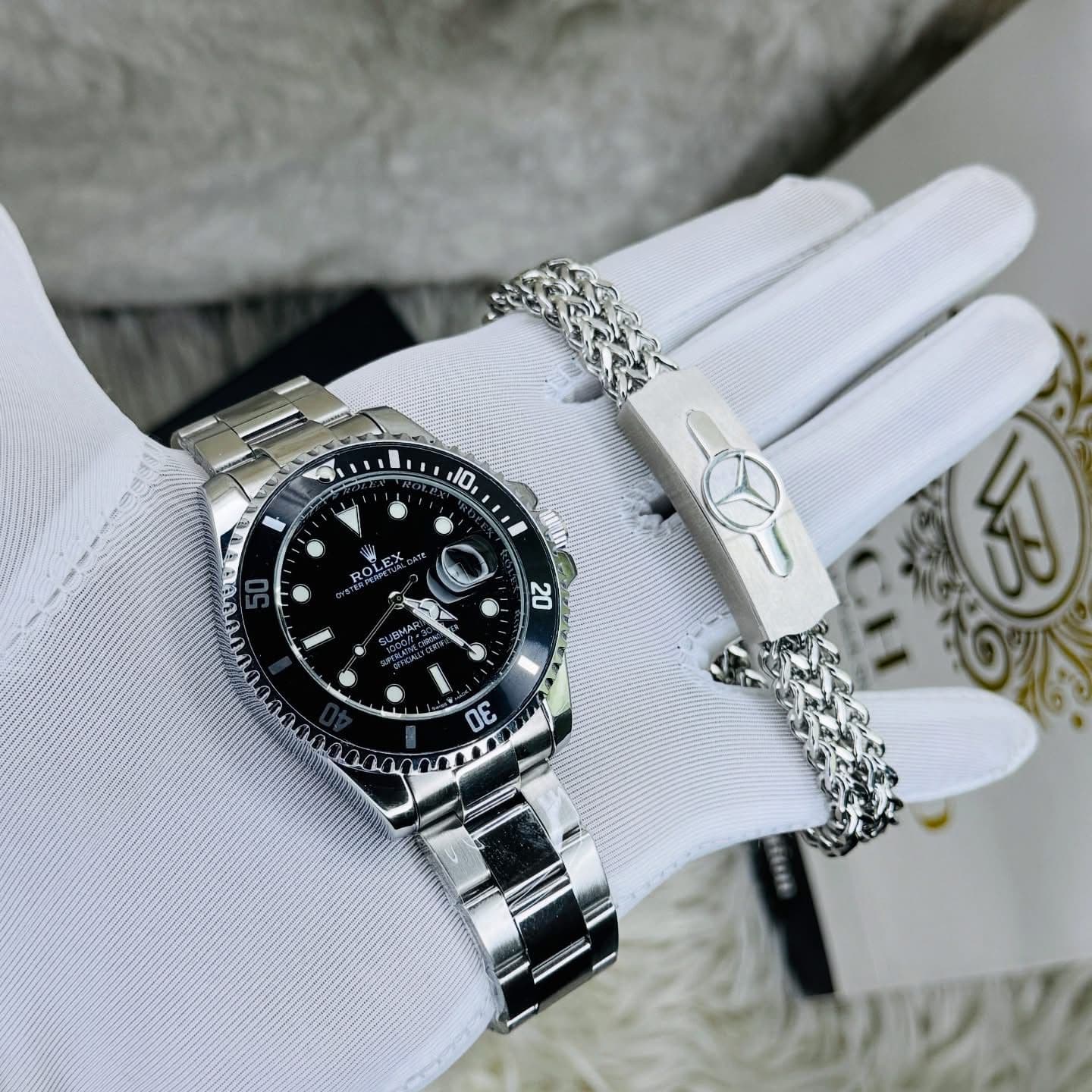 Rolex&Mercedes Watch & Bracelet Combo Silver