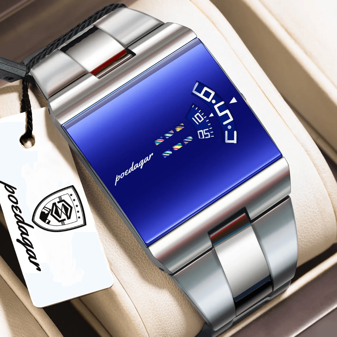 POEDAGAR 857 Top Rectangle Original Men’s Quartz Watch-Blue Silver Chain